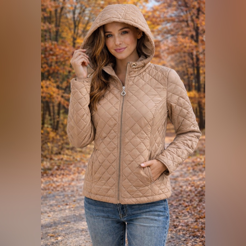 Calvin Klein Quilted hooded jacket tan/neutral size x-small